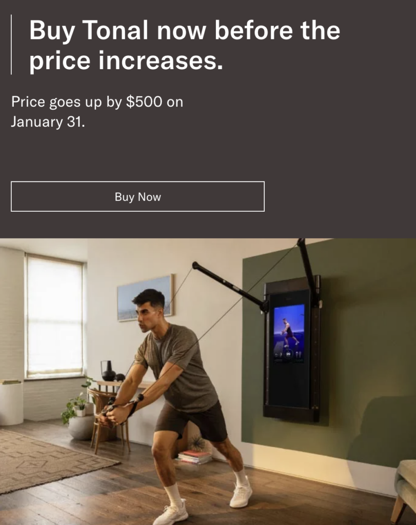 Tonal home page mentioning the upcoming $500 price increase on January 31, 2023.
